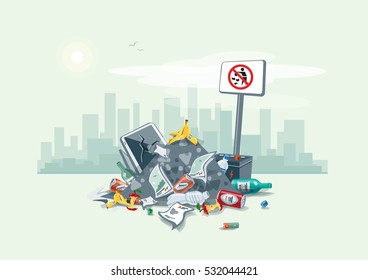 Vector illustration of littering waste pile disposed on the street exterior with city skyscrapers skyline in the background. Trash is fallen on the ground and creates a big stack, cartoon style.