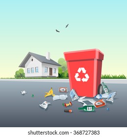 Vector illustration of littering waste that have been disposed improperly around the dust bin in front of the residential house. Trash is fallen on the ground. 