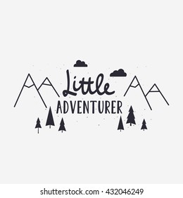 Vector illustration Little ADVENTURER lettering with mountains and forest tree. Outdoor label logo