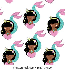 Vector illustration with a little African American girl sitting on a pink heart on a white background seamless pattern for children