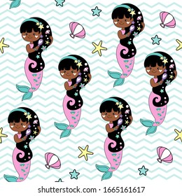 Vector illustration with a little African American mermaid combing her hair, starfish and shells on a white background seamless pattern