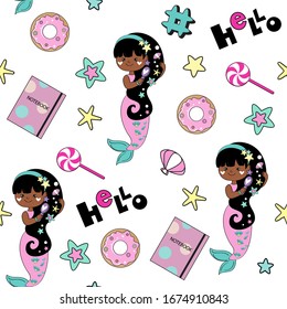 Vector illustration with a little African American mermaid combing her hair, starfish, shells girl items on a white background seamless pattern