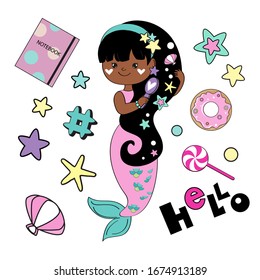 Vector illustration with a little African American mermaid combing her hair on a white background. Collection for girls with a notebook, a donut, a candy and the inscription hello