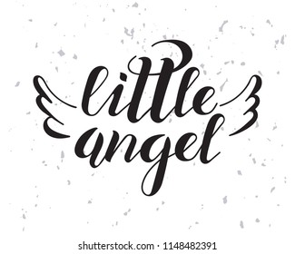 Vector Illustration of little angel black text. Angel badge. Lettering typography poster. Calligraphy background. EPS 10