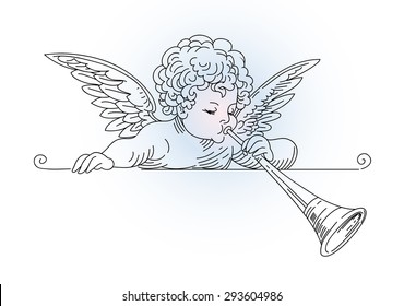 Vector illustration of little angel playing trumpet. Vintage drawing.