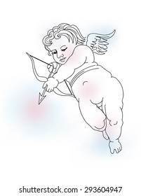 Vector illustration of little angel shoots a bow. Vintage drawing.
