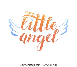 Vector Illustration of little angel for shop. Angel badge. Angel lettering typography poster. Calligraphy background. EPS 10