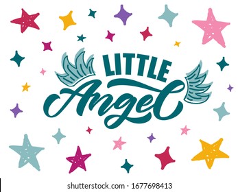 Vector illustration of Little Angel text for girls clothes. Daddy‘s Angel badge, tag, icon. T-shirt design, card, banner template. Mommy‘s Angel calligraphy background. Girl lettering typography