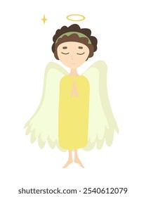 Vector illustration of a little angel.Christmas angel folded his hands in prayeron a white background.A small angel with dark hair in a green tunic