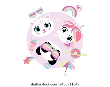 Vector illustration, little animals surrounded by colorful objects. Design for printing on shirt, Templates for celebration, poster, banner. Lovely print for t-shirt