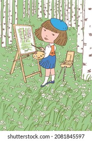 Vector illustration of little artist girl painting picture on an easel in birch grove on camomiles meadow