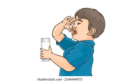 Vector illustration of little asian boy holding fresh milk from glass,looking far away,raising his hands to cover his eyes,greeting,saluting,salute,isolated on white,Benefits of milk for children.