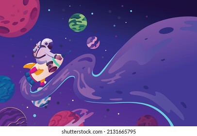 Vector Illustration of little astronaut surfer rides on spaceship through the space. Children's wallpaper in the space style. Prints design. Design for print, t-shirt, party decoration.