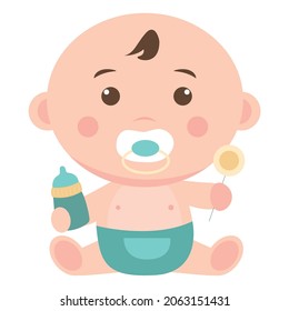 Vector Illustration of Little Baby Boy Sucking a Pacifier, baby in diaper with milk bottle, baby shower vector illustration