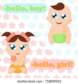 Vector illustration of little baby boy and baby girl. Adorable babies with thinking bubbles, place for your text. Cute baby characters in flat cartoon style.