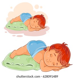 Vector illustration of a little baby in a diaper lies a booty on the pillow and asleep. Print