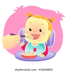 Vector Illustration of Little Baby Girl eating eating Soup