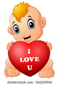 Vector illustration of Little baby holding red heart