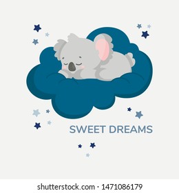 
Vector illustration with a little baby koala cartoon. Cute koala is sleeping sweetly on a cloud. Around blue stars.