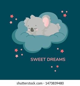 Vector illustration with a little baby koala cartoon. Cute koala is sleeping sweetly on a cloud. Around blue and pink stars. Illustration for kids.