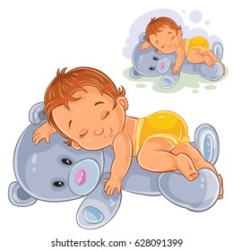 Vector illustration of a little baby in a nappy asleep, dozing on a teddy bear. Print