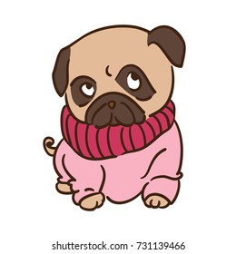 Vector illustration of a little baby pug dog in a warm pink sweater, looking up. Cute cartoon style, isolated on white background.