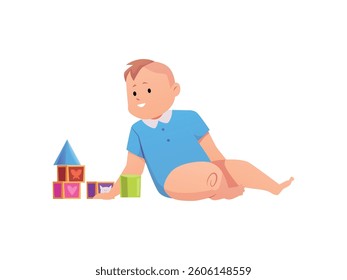 Vector illustration of a little baby sitting near a construction set of blocks. Playing happy boy. Child development. Infancy. Flat style. Isolated background.