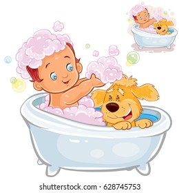 Vector illustration of a little baby taking a bath and playing with foam with his dog. Print