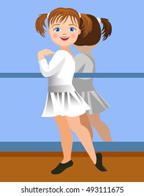 Vector Illustration. Little ballerina  in a ballet studio.
