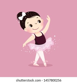 Vector Illustration Of Little Ballerina Girl Dancing On Pink Background. Kid In Ballet Class.