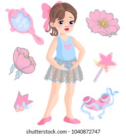 Vector illustration of little ballerina and other related items- magic wand, star, glitters, flower of rose, mirror, crown, tiara.