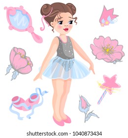 Vector illustration of little ballerina and other related items- magic wand, star, glitters, flower of rose, mirror, crown, tiara.