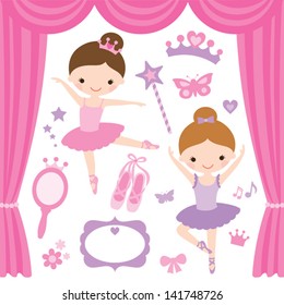 Vector illustration of little ballerinas and other related items.