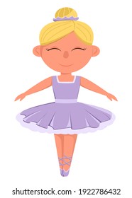 Vector illustration of little ballerinas and other related items. Ballerina in a lilac dress, with white hair and a bun hairstyle.