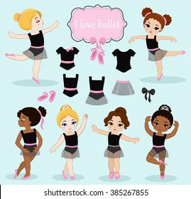 Vector illustration of little ballerinas and other related items.