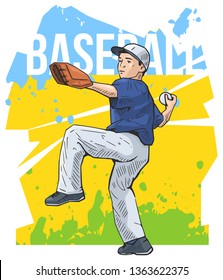 Vector illustration of a little baseball player throwing the ball, youth league, young boy. Beautiful sport themed poster. Abstract background, summer sports, team game, baseball pitcher