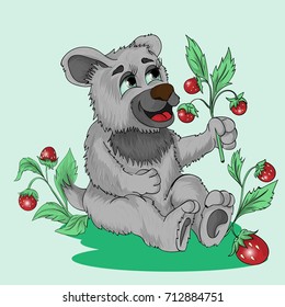 vector illustration little bear cub with berries in hands