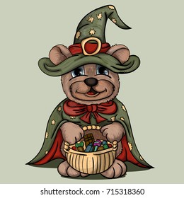 vector illustration little bear cub in a wizard costume keeps a basket with candies