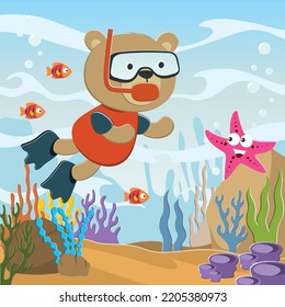 Vector illustration of Little bear diving in undersea adventure on a background of beautiful blue water