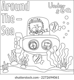 Vector illustration of little bear driving submarine with cartoon style, Childish design for kids activity colouring book or page.