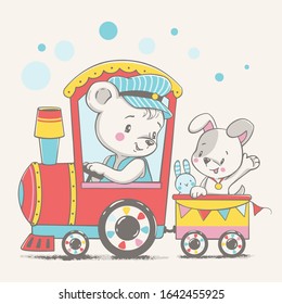 Vector illustration of a little bear and puppy, traveling in a toy locomotive.