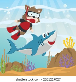 Vector illustration of Little bear and shark diving in undersea adventure on a background of beautiful blue water