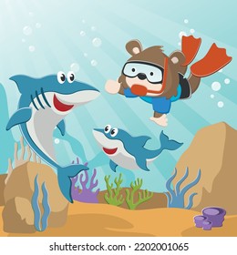 Vector illustration of Little bear and shark diving in undersea adventure on a background of beautiful blue water