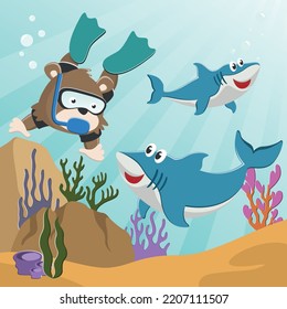 Vector illustration of Little bear and shark diving in undersea adventure on a background of beautiful blue water