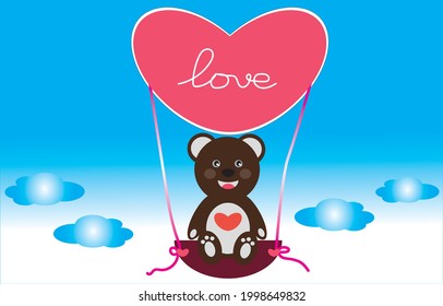 Vector illustration Little bear sitting on heart shaped balloon in the sky with love message. Valentine's Day concept