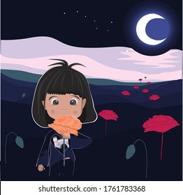 Vector illustration little beautiful girl holding red poppy flower in hand, she chose from red ones, she stands against the backdrop of a moonlit night in the dark, the constellation Ursa sky, cute.