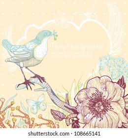 vector illustration of a little bird and blooming flowers