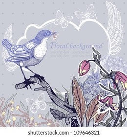 vector illustration of a little bird with blooming flowers
