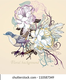 vector illustration of a little bird and blooming roses