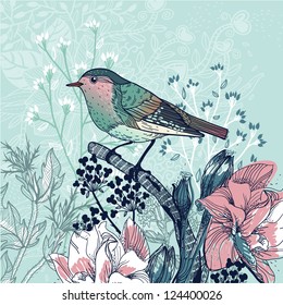 vector illustration of a little bird and blooming flowers